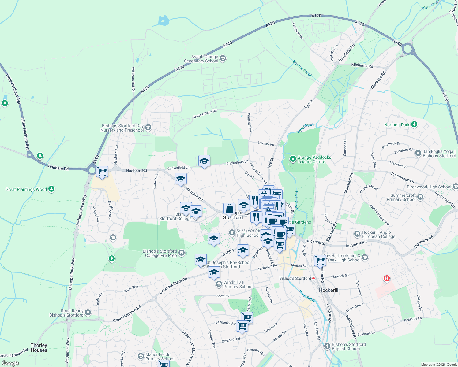 map of restaurants, bars, coffee shops, grocery stores, and more near in Hertfordshire