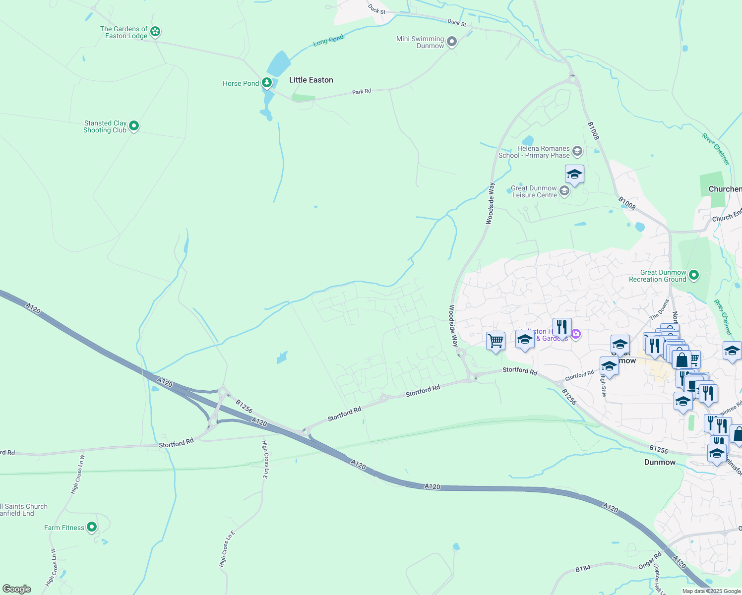 map of restaurants, bars, coffee shops, grocery stores, and more near Cygnet Way in Essex