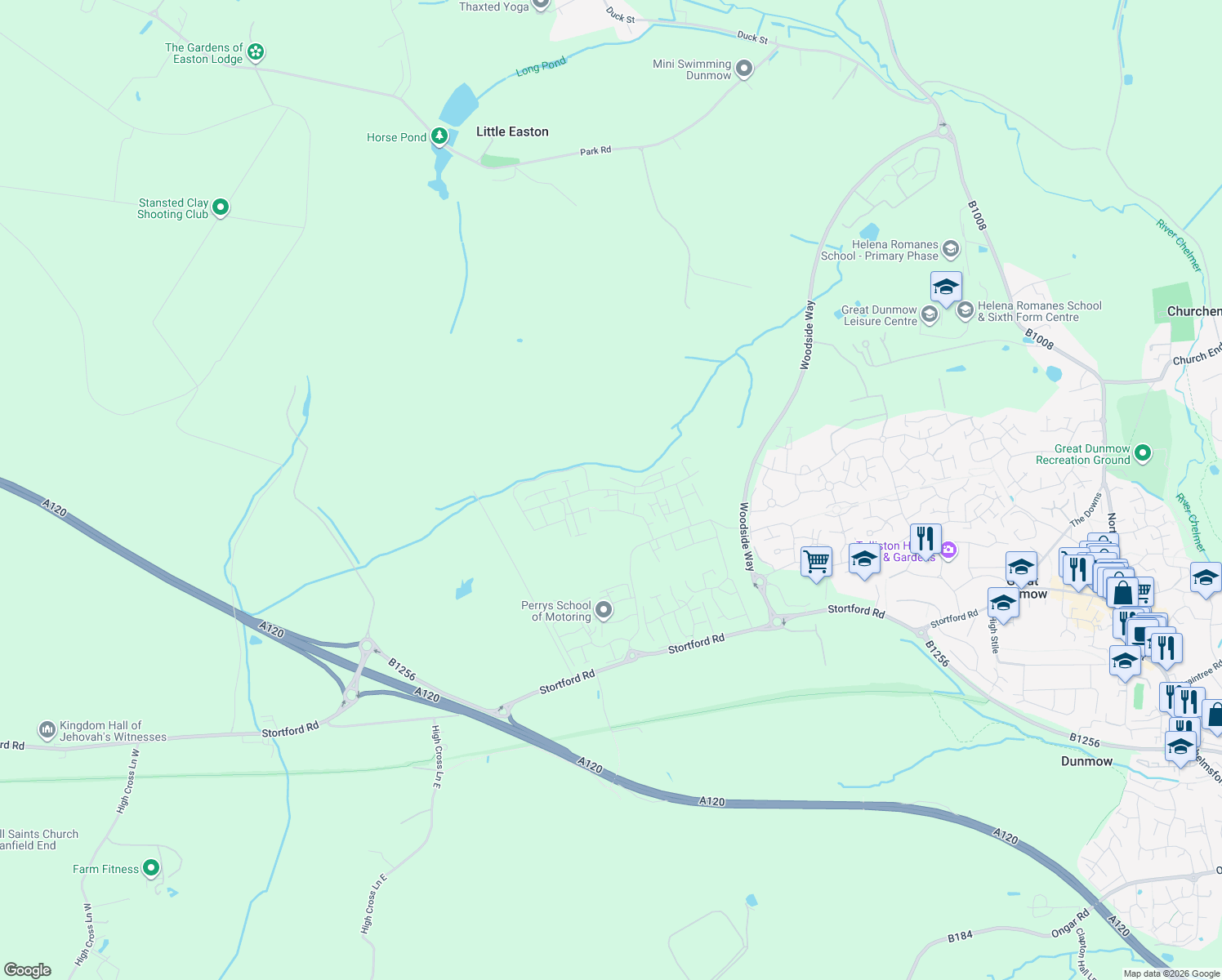map of restaurants, bars, coffee shops, grocery stores, and more near Cygnet Way in Essex