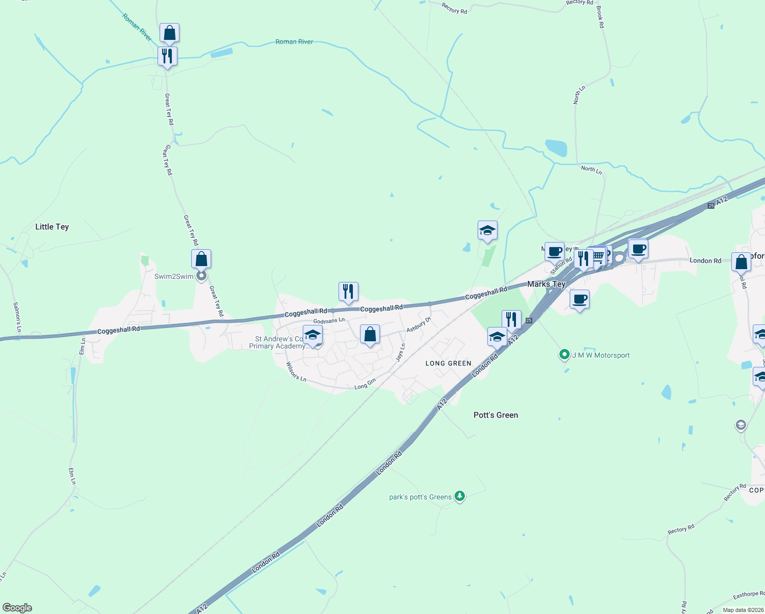 map of restaurants, bars, coffee shops, grocery stores, and more near 74 Coggeshall Road in Marks Tey