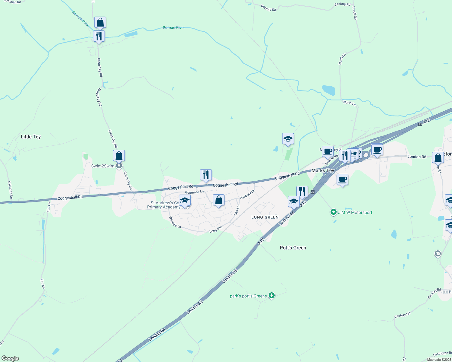 map of restaurants, bars, coffee shops, grocery stores, and more near 74 Coggeshall Road in Marks Tey