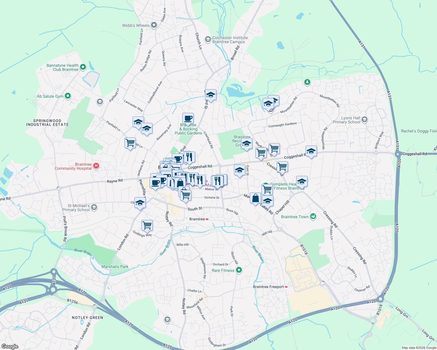 map of restaurants, bars, coffee shops, grocery stores, and more near 55-63 Railway Street in Essex