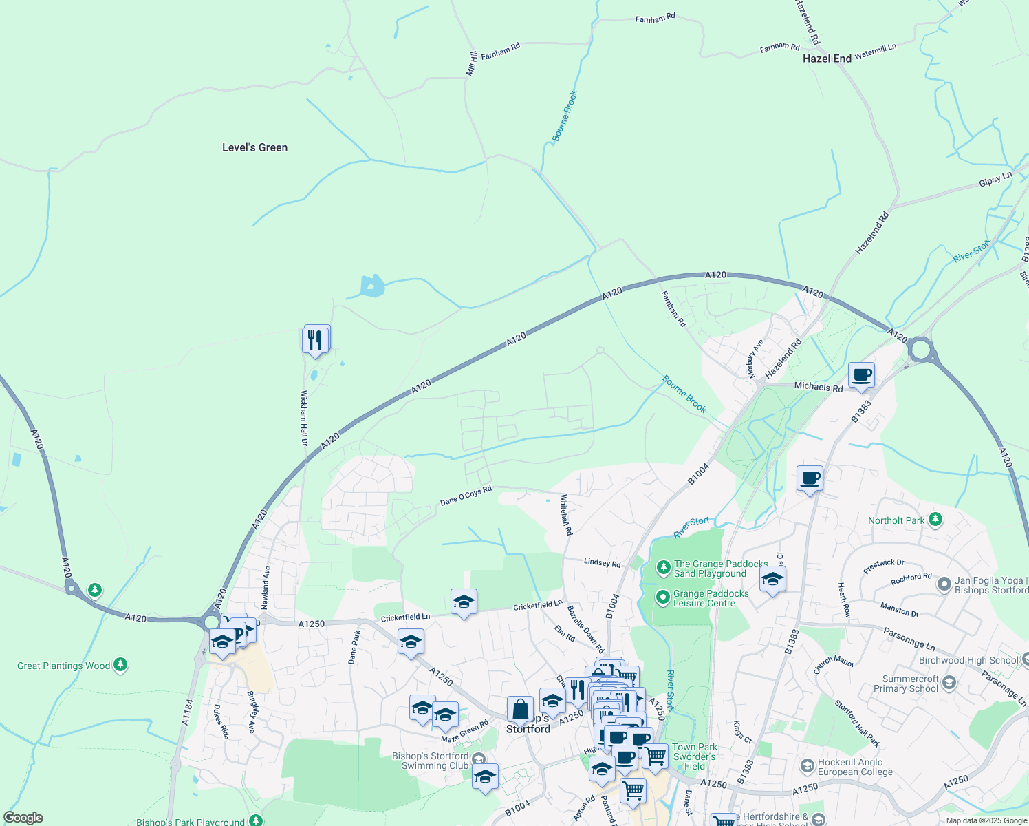 map of restaurants, bars, coffee shops, grocery stores, and more near Stortford Fields in Hertfordshire