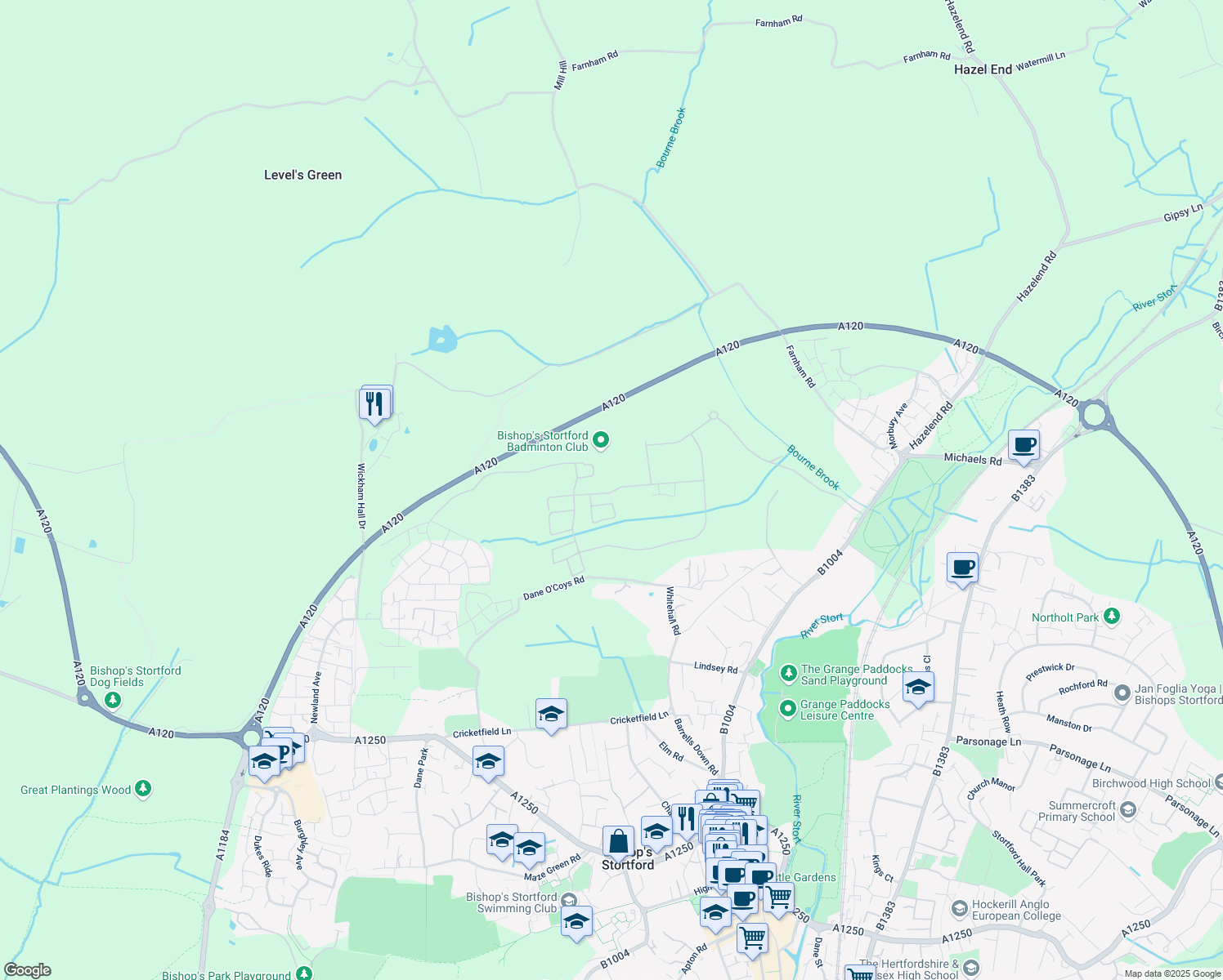 map of restaurants, bars, coffee shops, grocery stores, and more near Stortford Fields in Hertfordshire