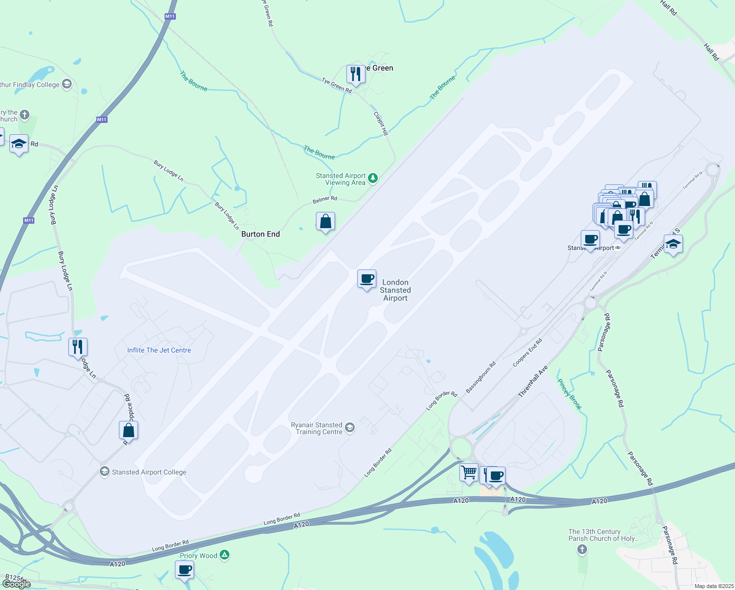 map of restaurants, bars, coffee shops, grocery stores, and more near Bassingbourn Road in Essex