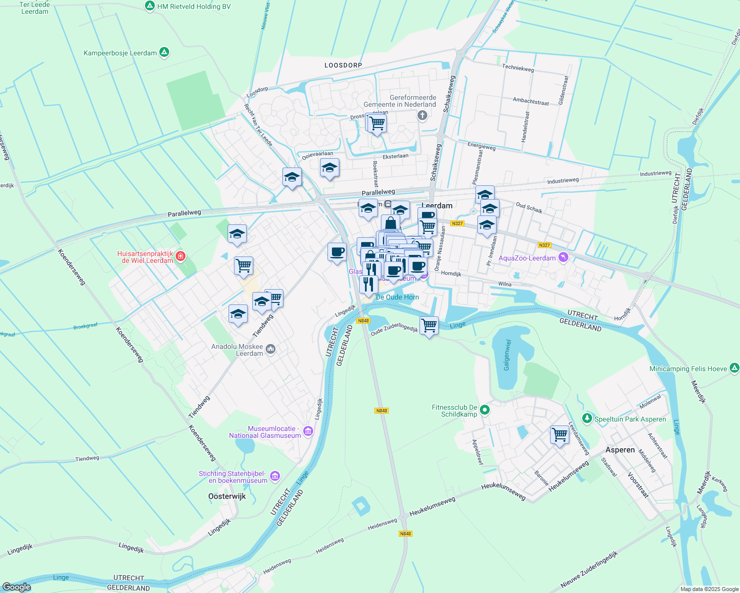 map of restaurants, bars, coffee shops, grocery stores, and more near Lingedijk in Leerdam