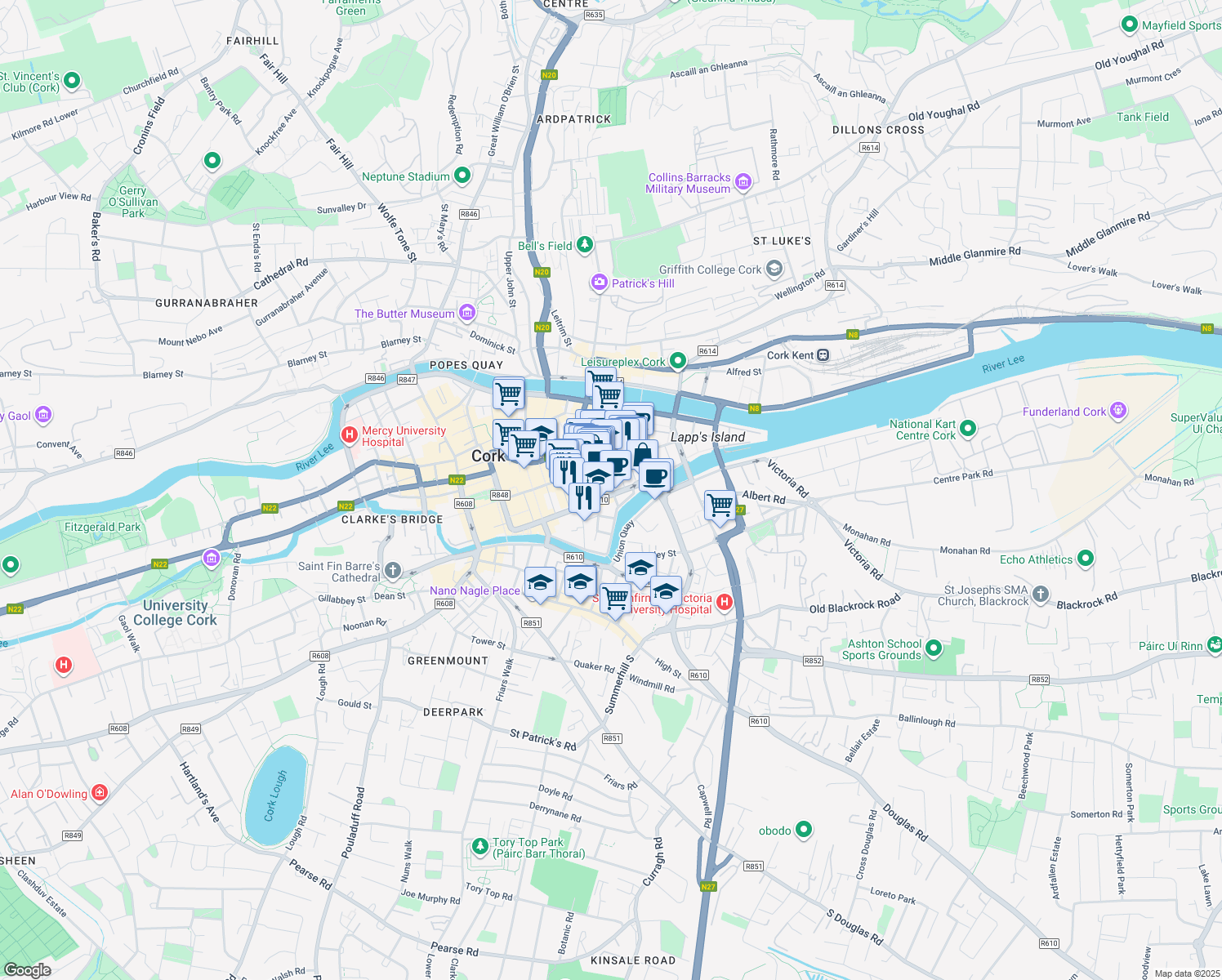 map of restaurants, bars, coffee shops, grocery stores, and more near 85 South Mall in Cork