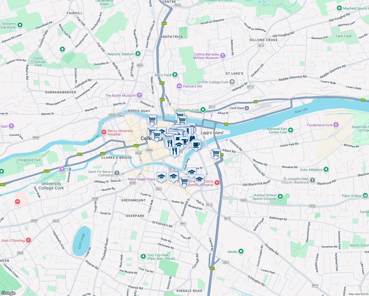 map of restaurants, bars, coffee shops, grocery stores, and more near 85 South Mall in Cork