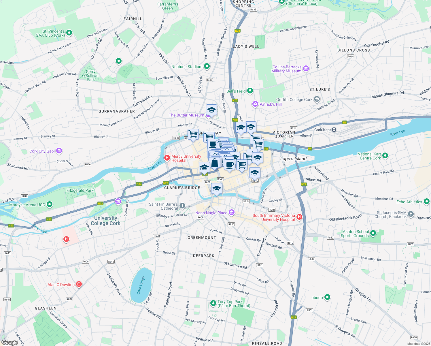 map of restaurants, bars, coffee shops, grocery stores, and more near 2 Washington Street in Cork