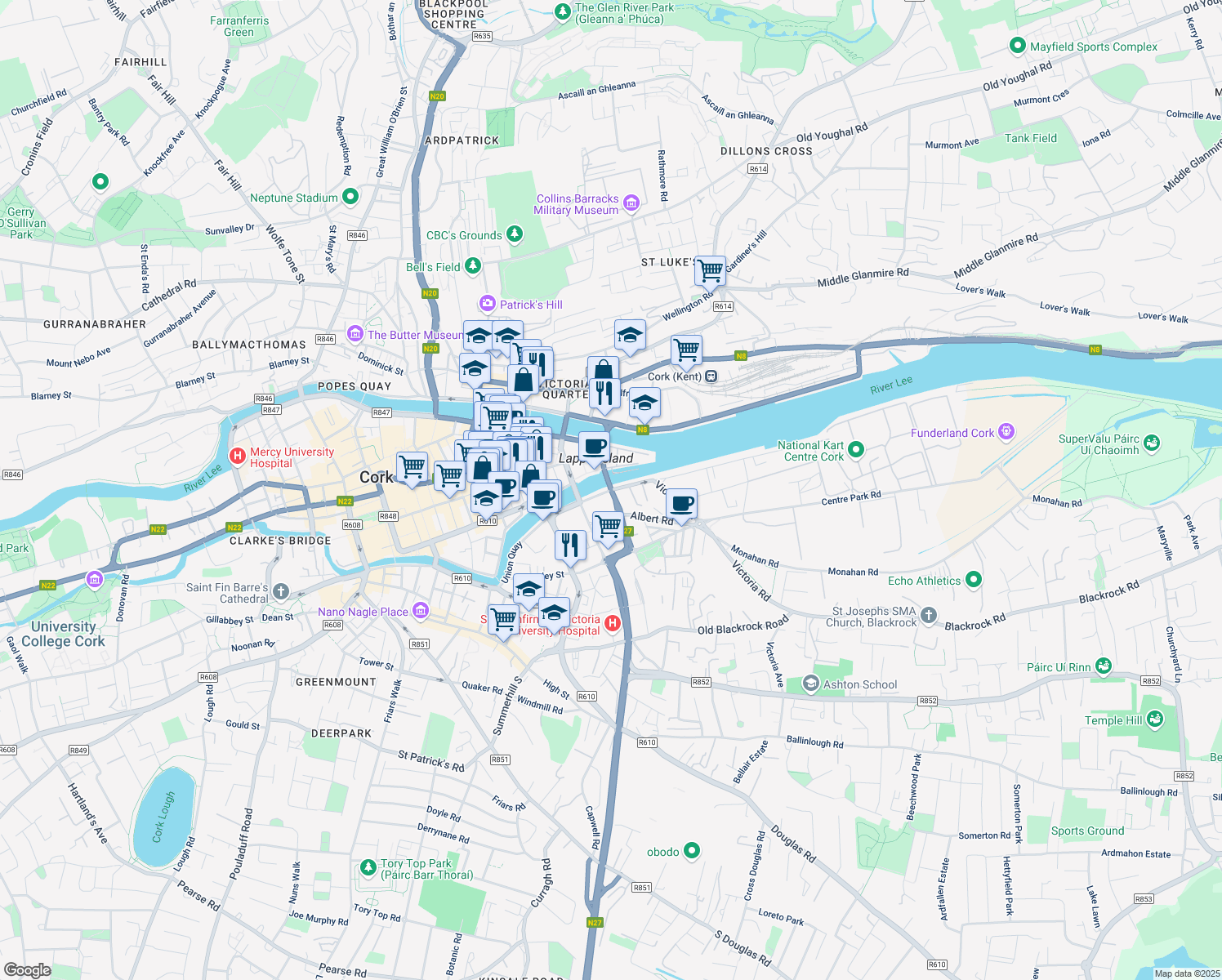 map of restaurants, bars, coffee shops, grocery stores, and more near Albert Quay in Cork