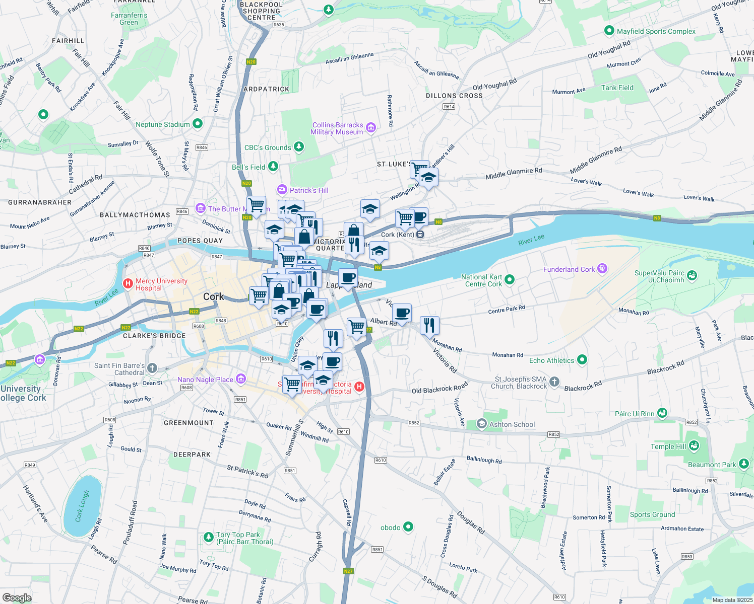 map of restaurants, bars, coffee shops, grocery stores, and more near Albert Quay in Cork