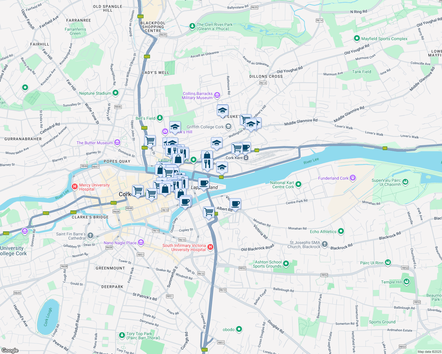 map of restaurants, bars, coffee shops, grocery stores, and more near Penrose Quay in Cork