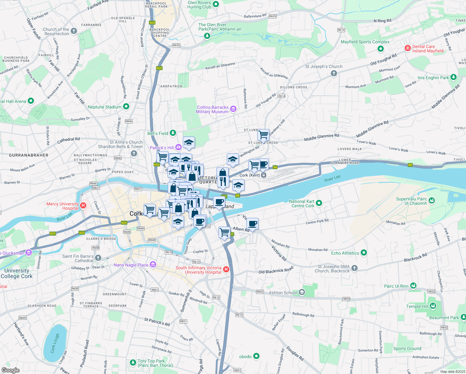 map of restaurants, bars, coffee shops, grocery stores, and more near Penrose Dock in Cork