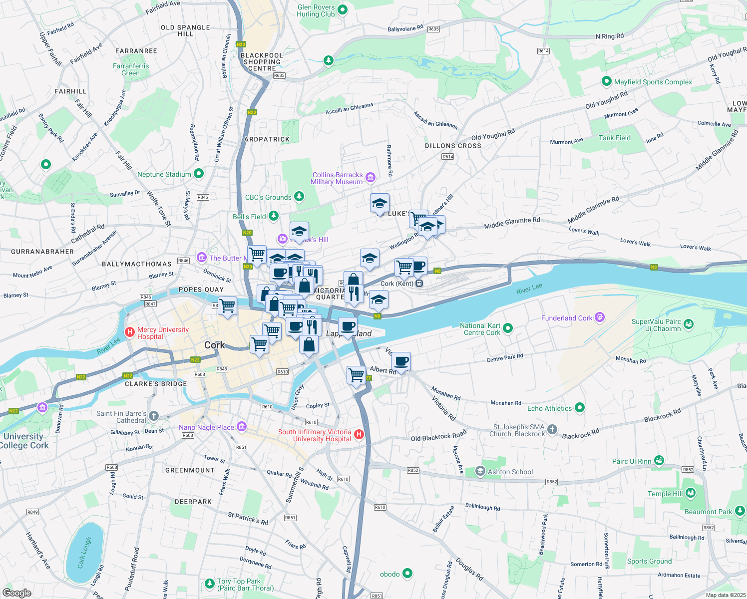 map of restaurants, bars, coffee shops, grocery stores, and more near in Cork