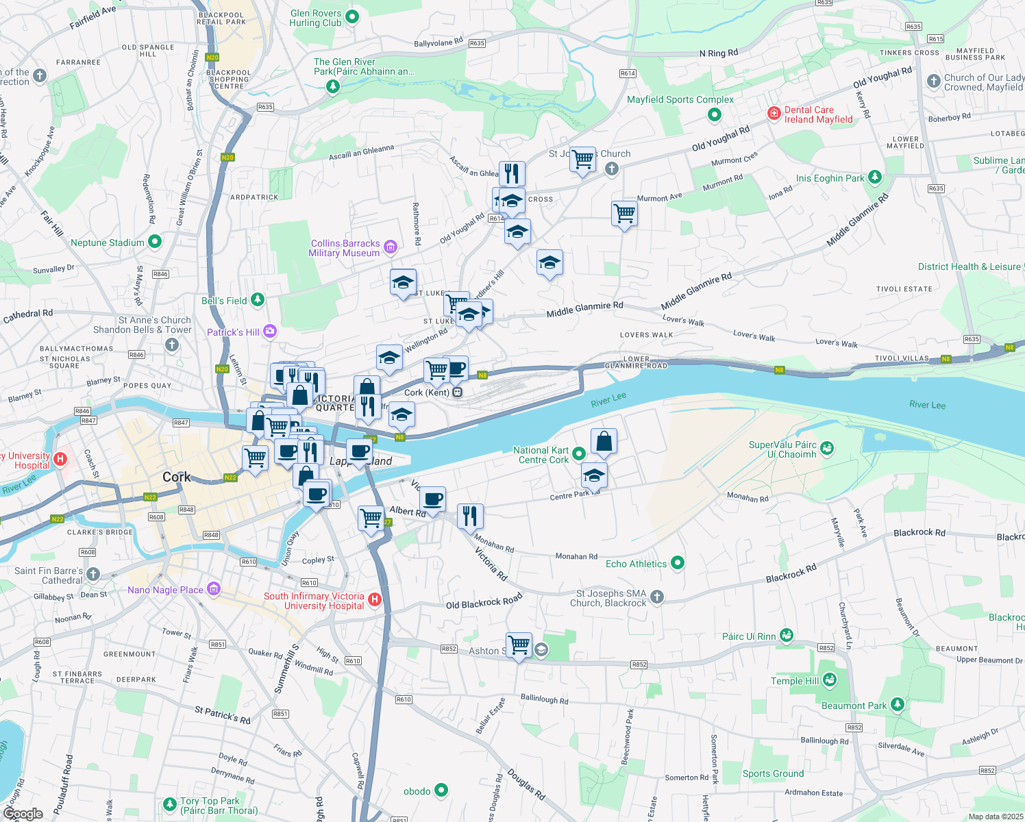 map of restaurants, bars, coffee shops, grocery stores, and more near Horgan's Quay in Cork
