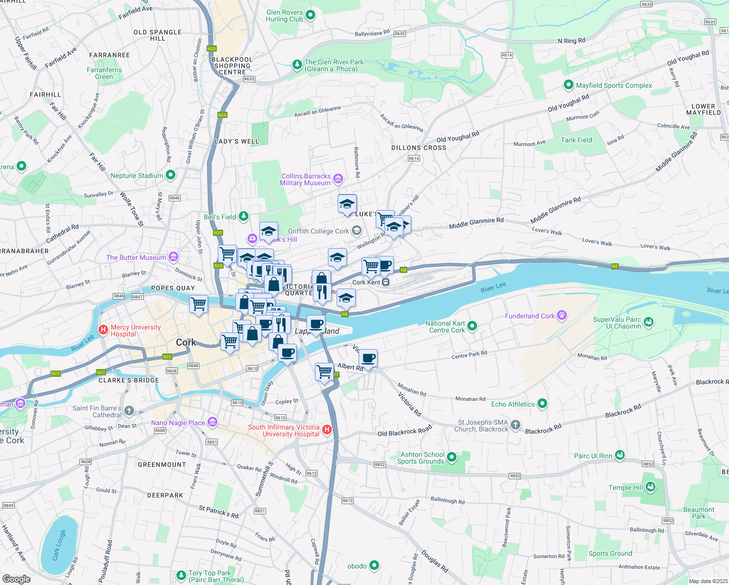 map of restaurants, bars, coffee shops, grocery stores, and more near Horgan's Quay in Cork