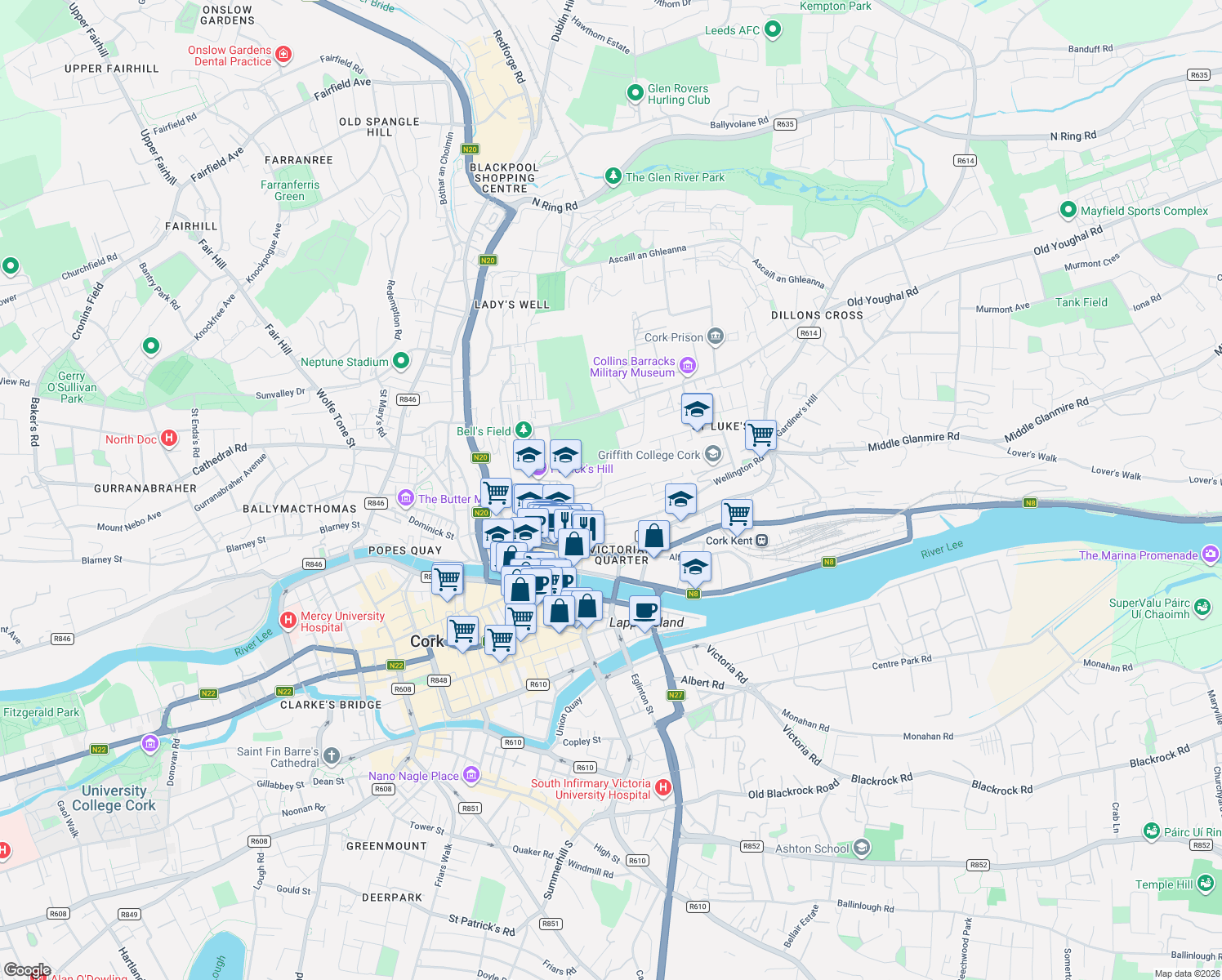 map of restaurants, bars, coffee shops, grocery stores, and more near 15 Wellington Road in Cork
