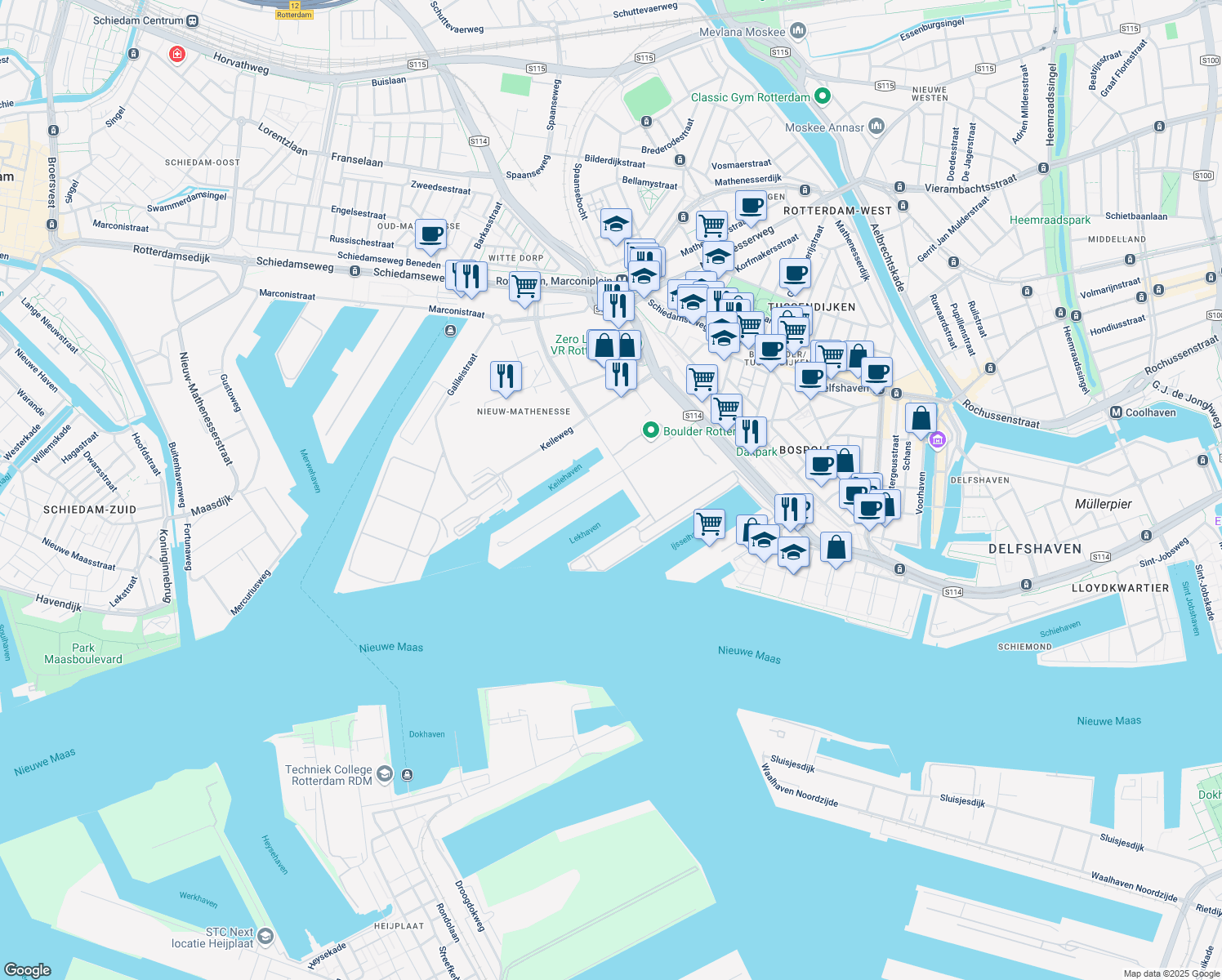 map of restaurants, bars, coffee shops, grocery stores, and more near 501 Benjamin Franklinstraat in Rotterdam