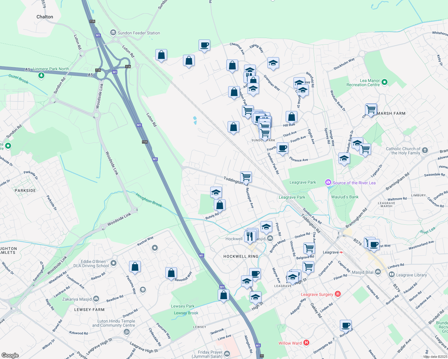 map of restaurants, bars, coffee shops, grocery stores, and more near in Luton