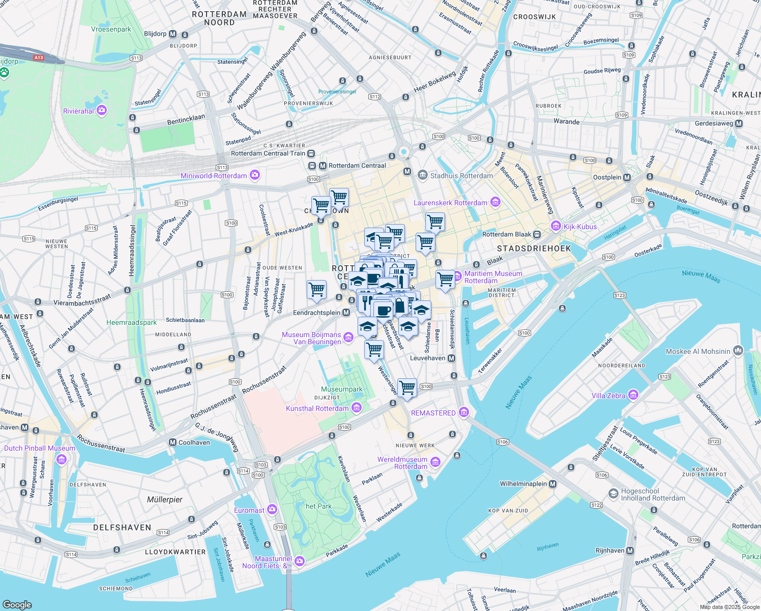 map of restaurants, bars, coffee shops, grocery stores, and more near 180 Westblaak in Rotterdam