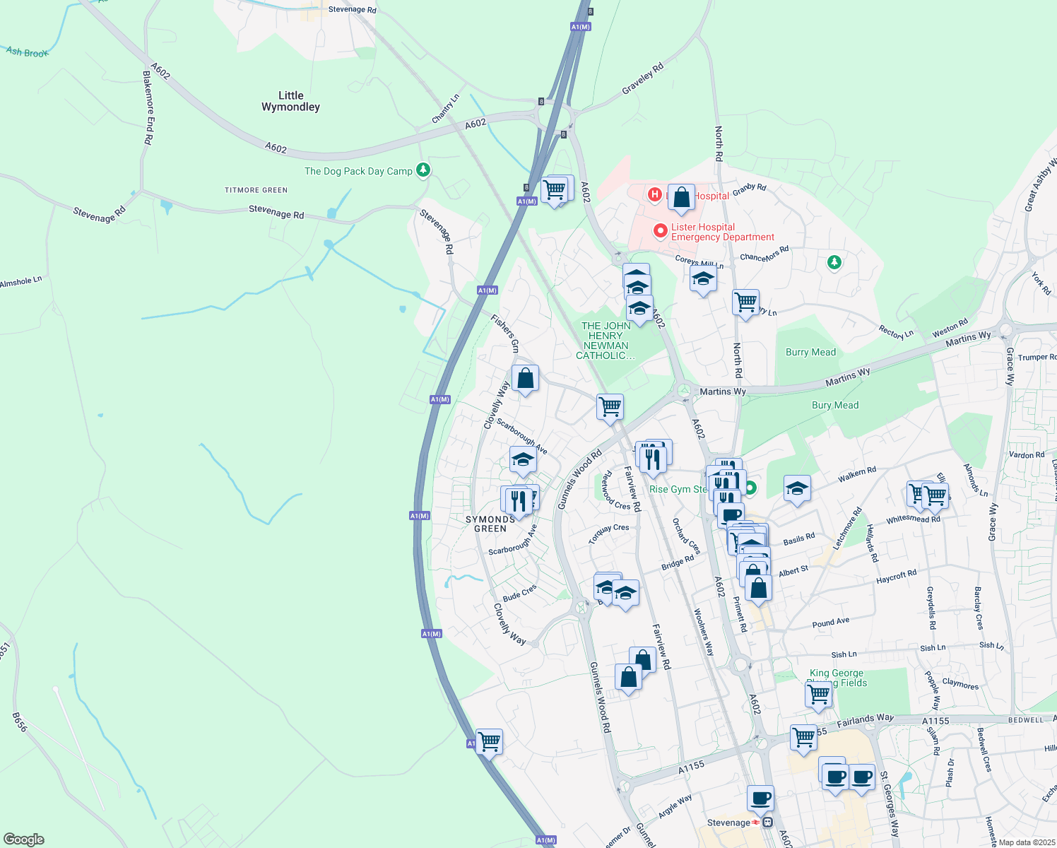 map of restaurants, bars, coffee shops, grocery stores, and more near Skegness Road in Hertfordshire