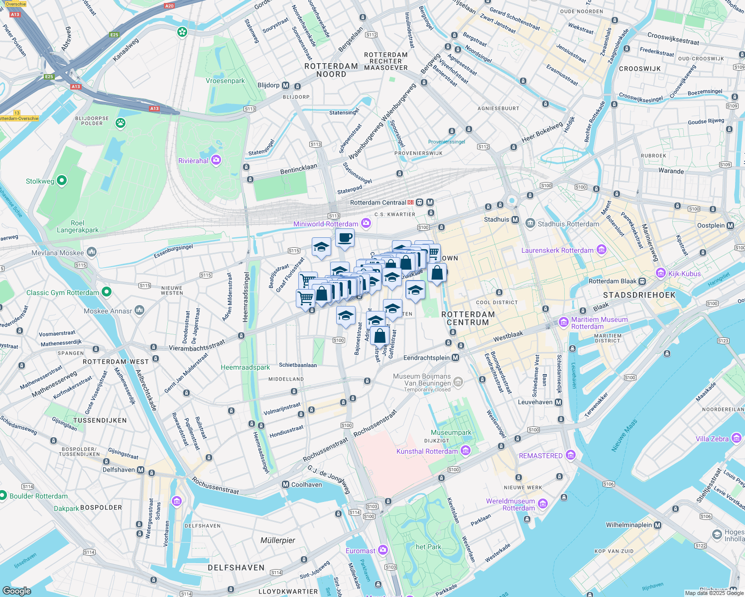 map of restaurants, bars, coffee shops, grocery stores, and more near 22E Adrianastraat in Rotterdam