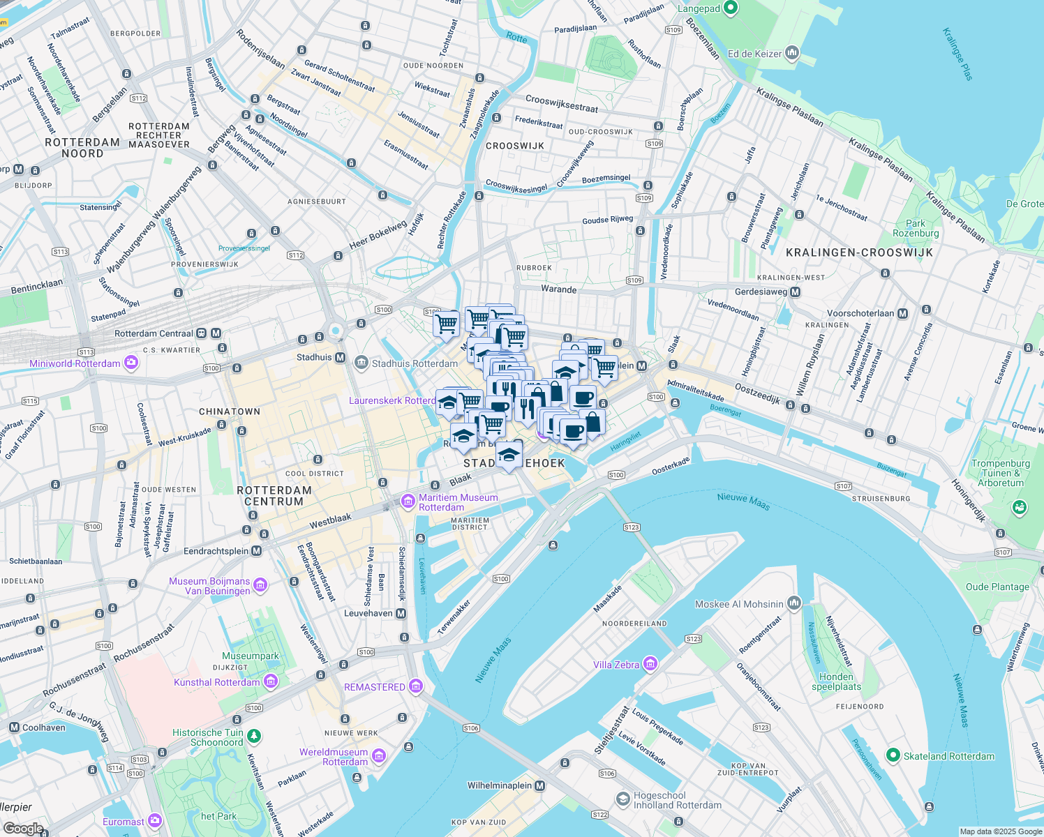 map of restaurants, bars, coffee shops, grocery stores, and more near 110 Hoogstraat in Rotterdam