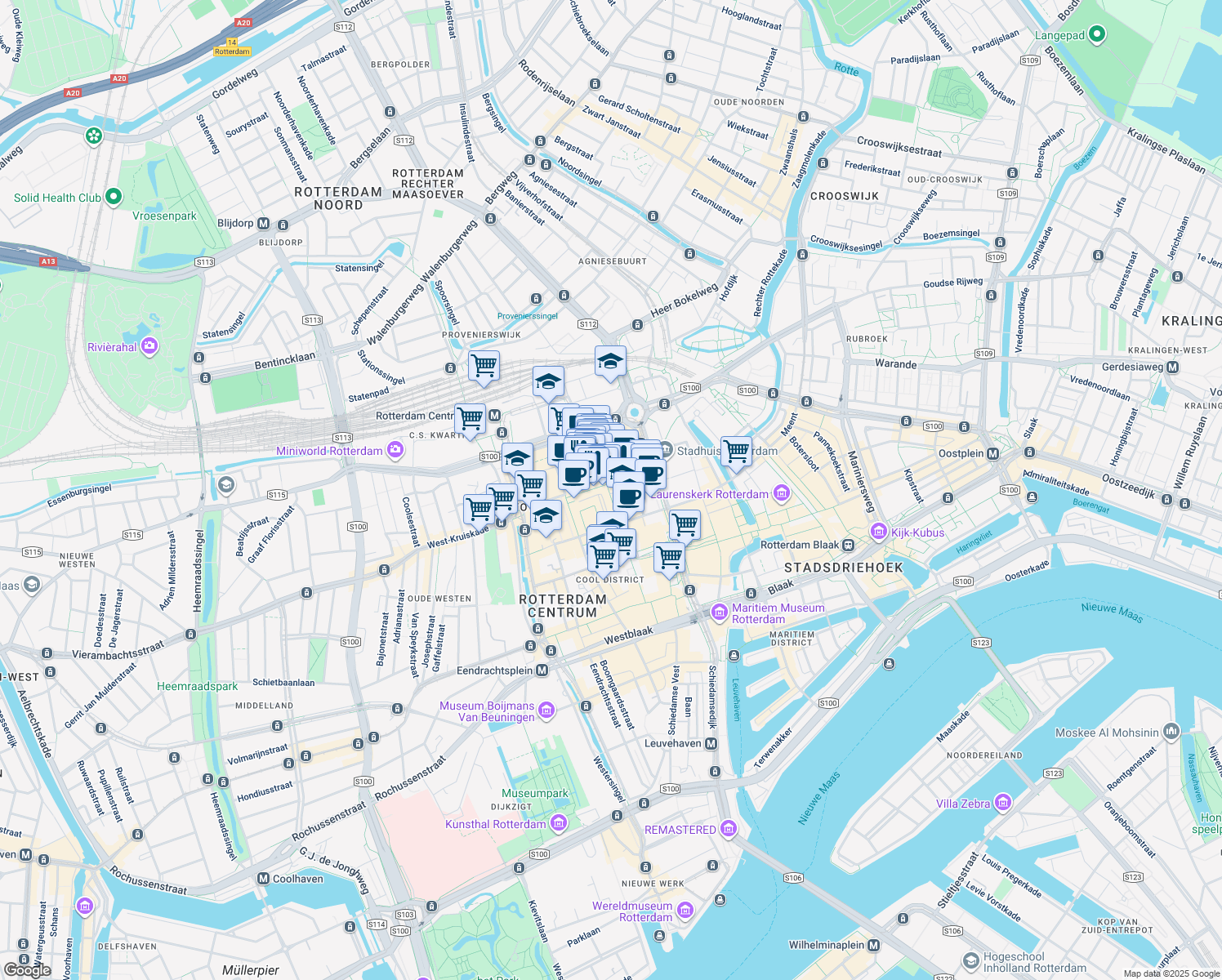 map of restaurants, bars, coffee shops, grocery stores, and more near 54 Lijnbaan in Rotterdam
