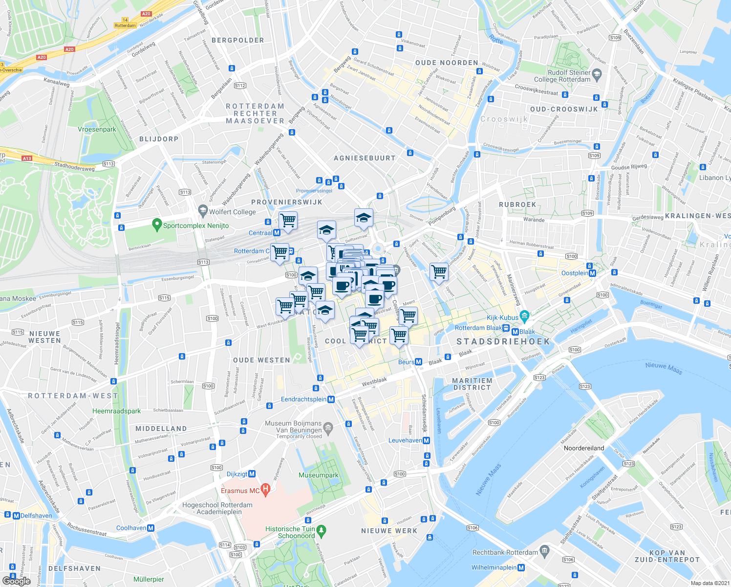 map of restaurants, bars, coffee shops, grocery stores, and more near 54 Lijnbaan in Rotterdam