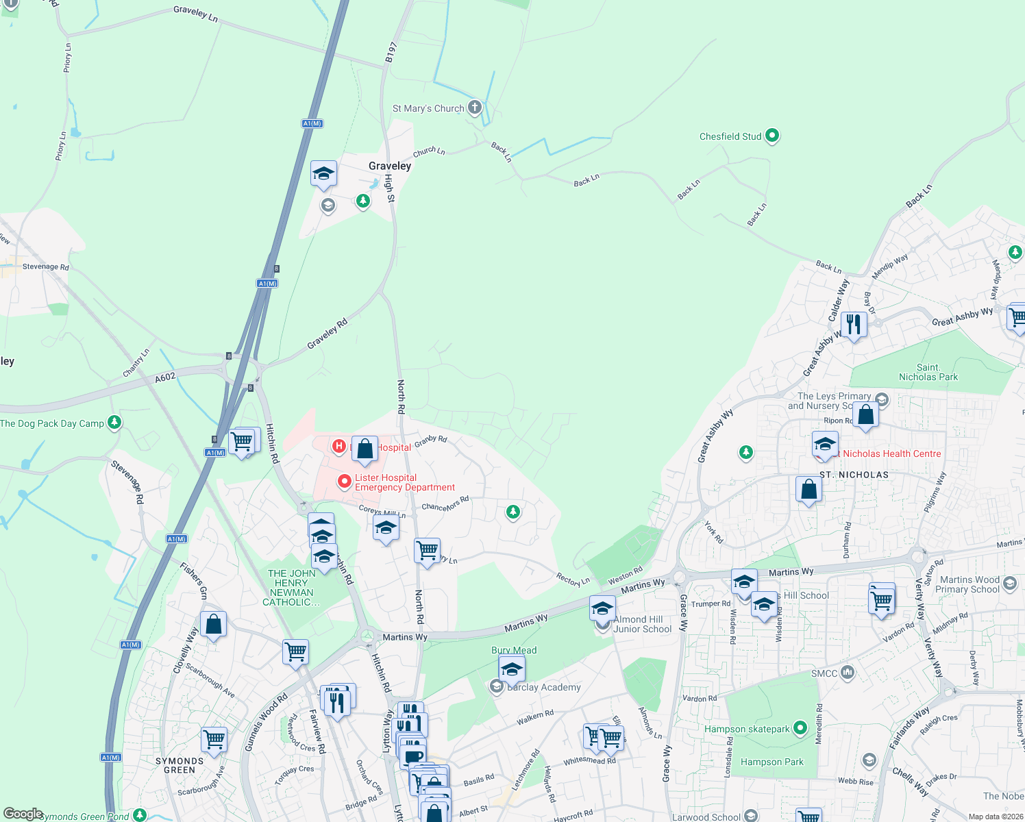 map of restaurants, bars, coffee shops, grocery stores, and more near 21 Forster Way in Hertfordshire