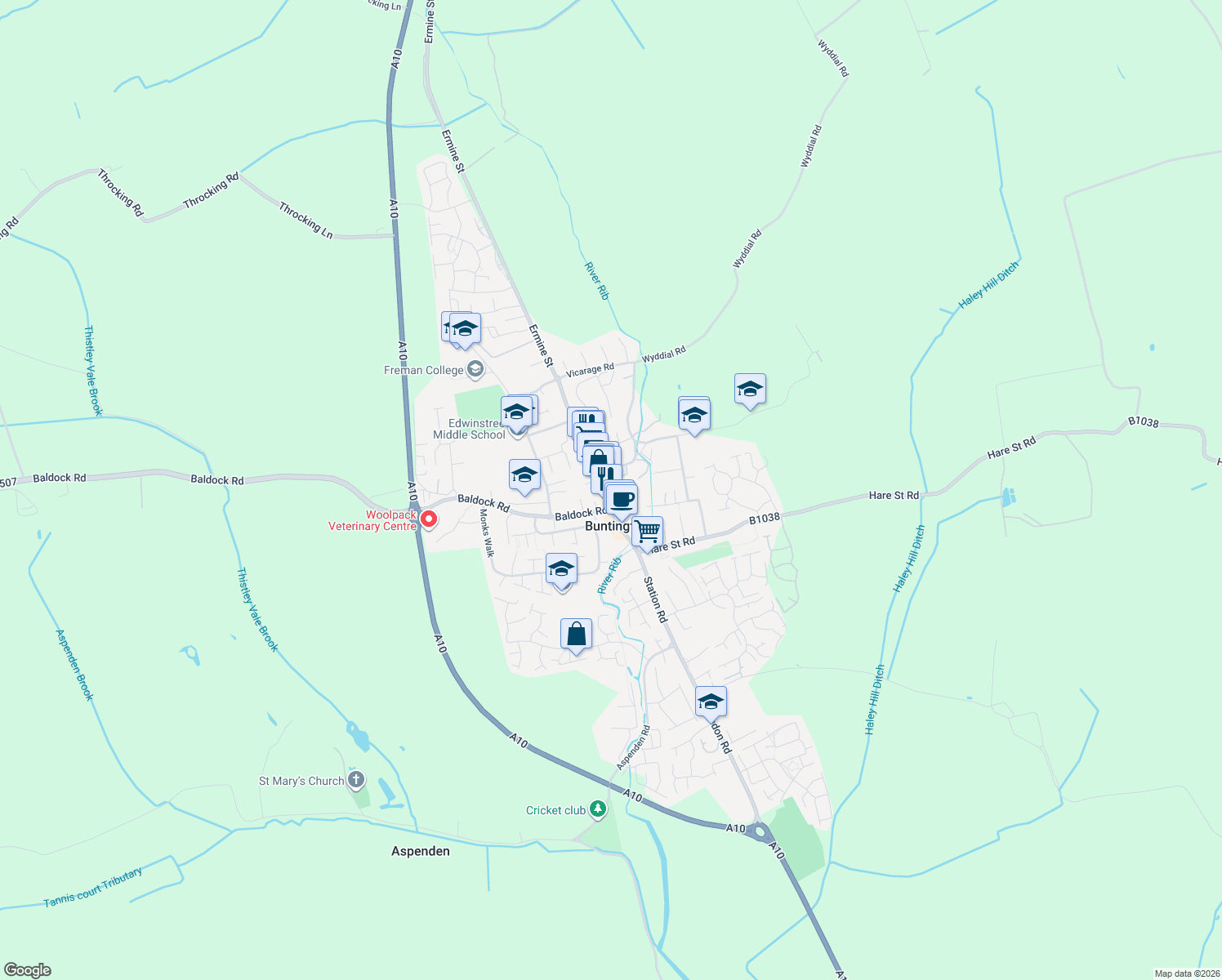 map of restaurants, bars, coffee shops, grocery stores, and more near in Hertfordshire