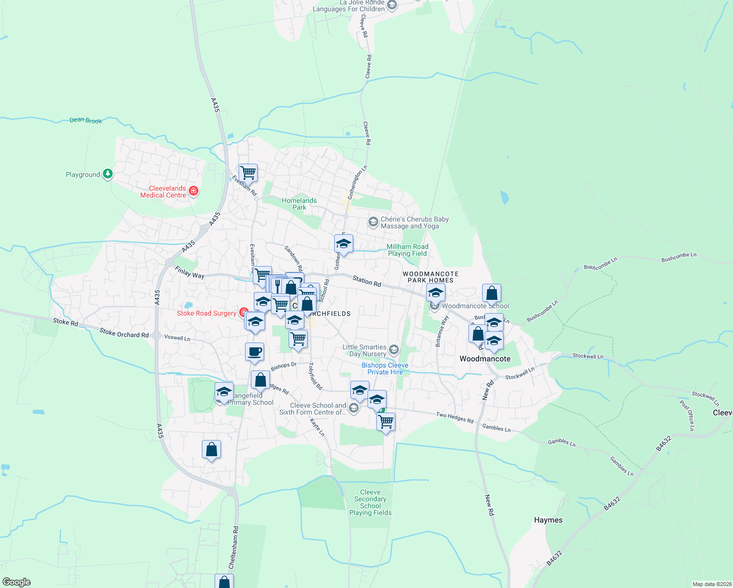 map of restaurants, bars, coffee shops, grocery stores, and more near Priory Lane in Bishops Cleeve