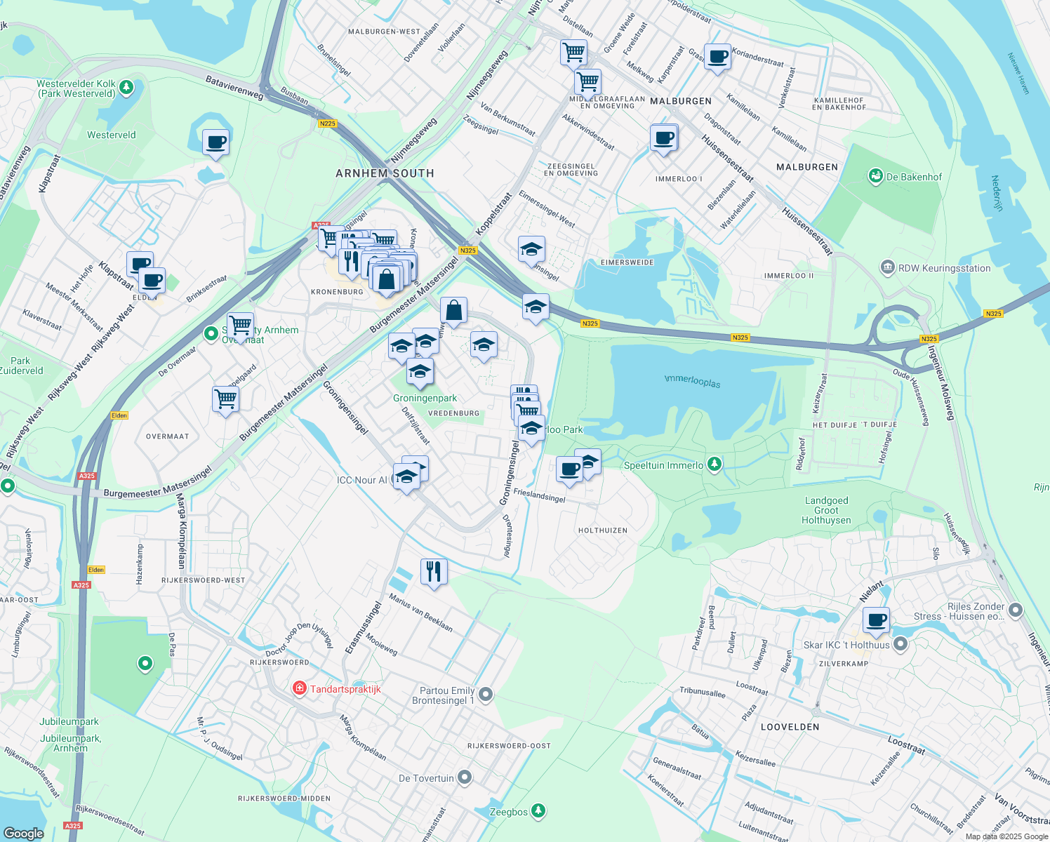 map of restaurants, bars, coffee shops, grocery stores, and more near 949 Groningensingel in Arnhem