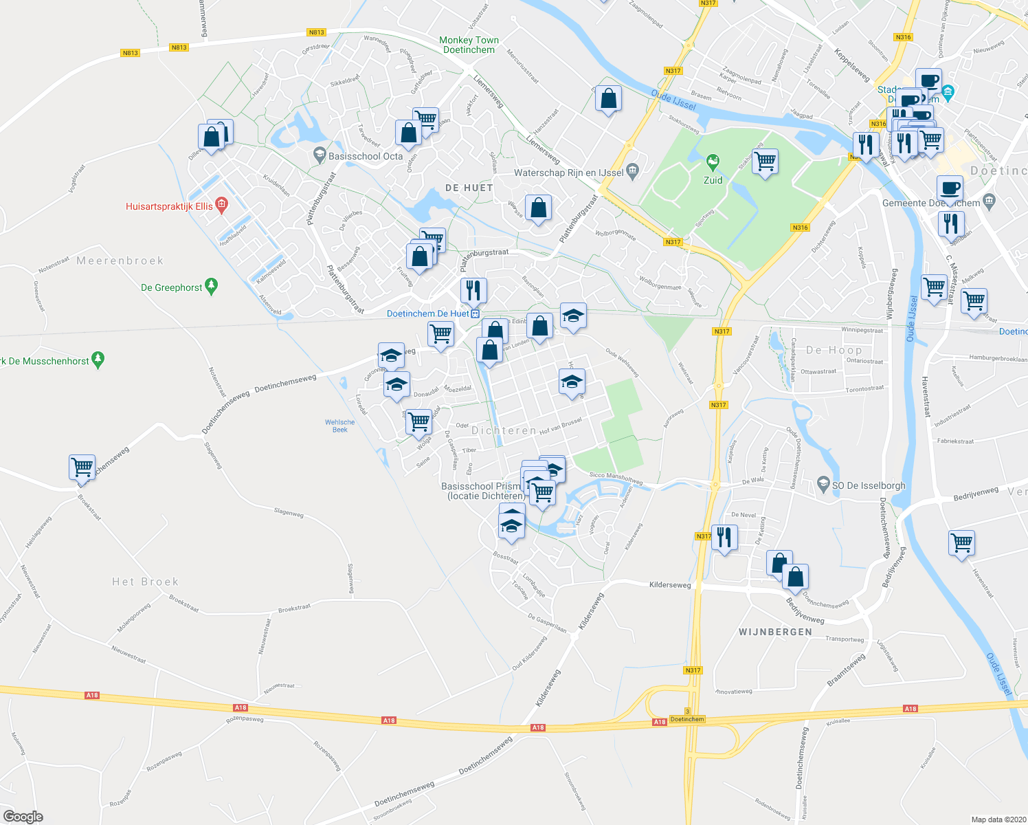 map of restaurants, bars, coffee shops, grocery stores, and more near 1 Hof van Reims in Doetinchem