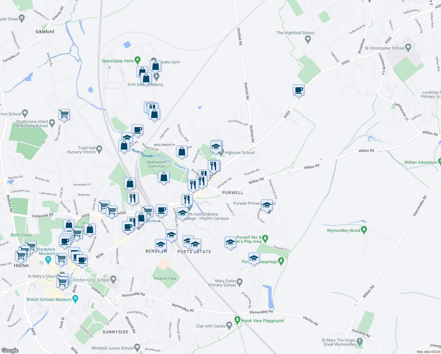 map of restaurants, bars, coffee shops, grocery stores, and more near in Hertfordshire