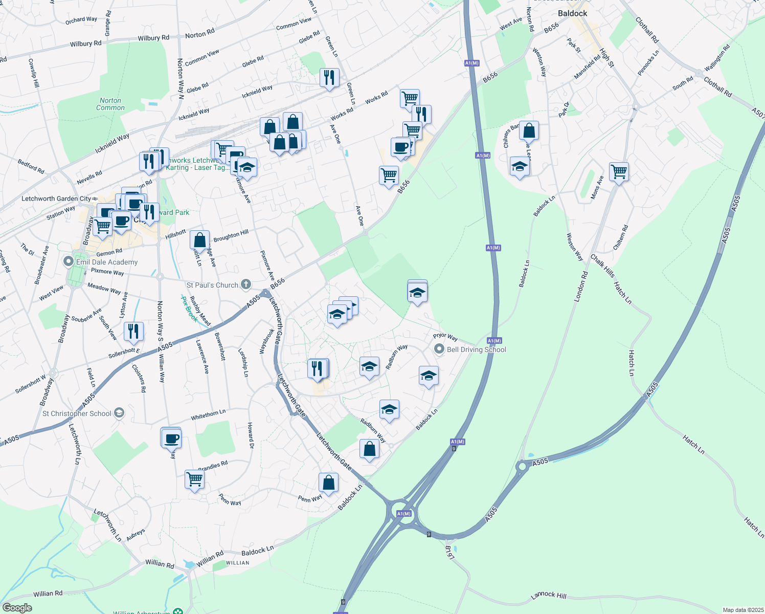 map of restaurants, bars, coffee shops, grocery stores, and more near 127 Quinn Way in Hertfordshire