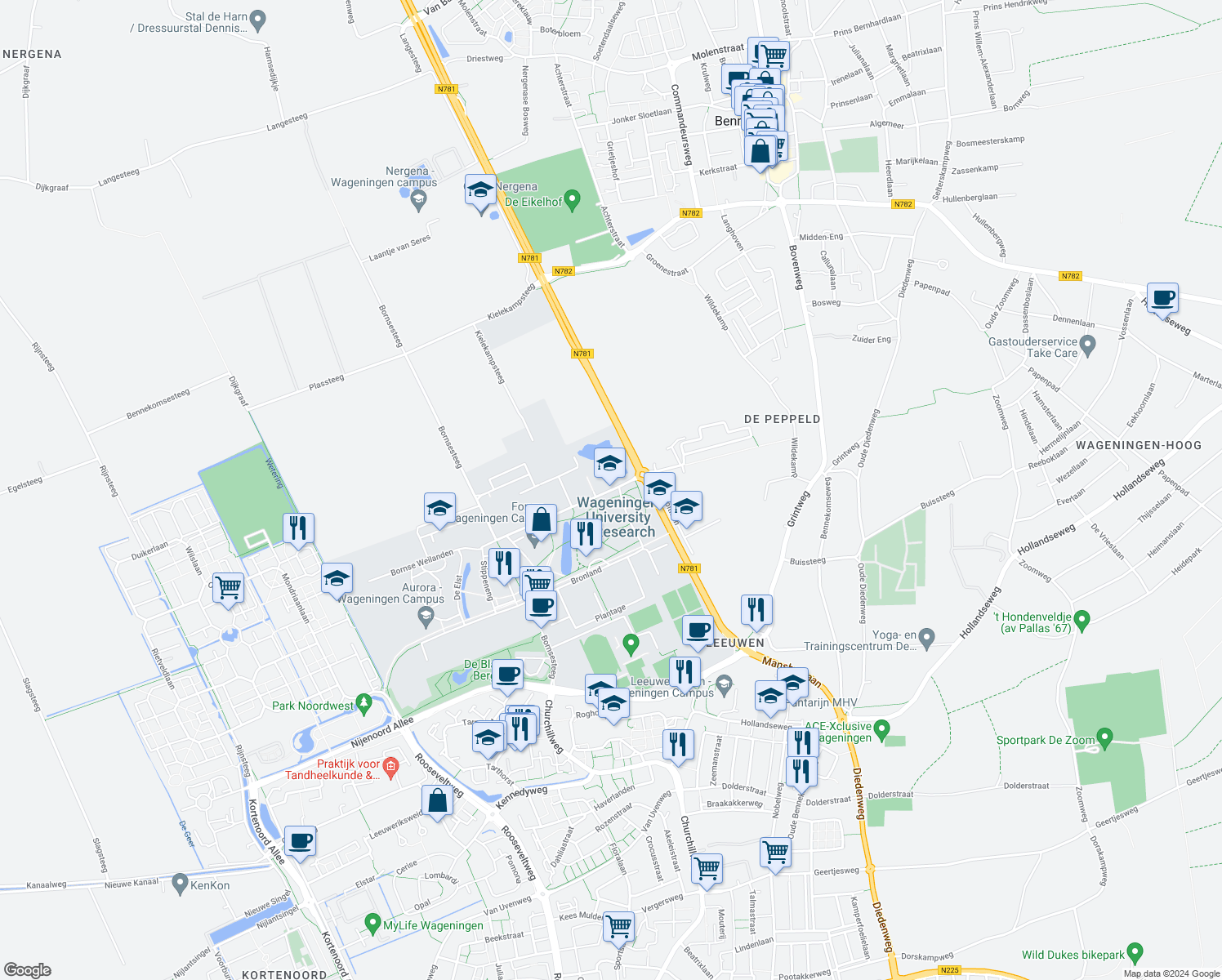 map of restaurants, bars, coffee shops, grocery stores, and more near 4 Droevendaalsesteeg in Wageningen