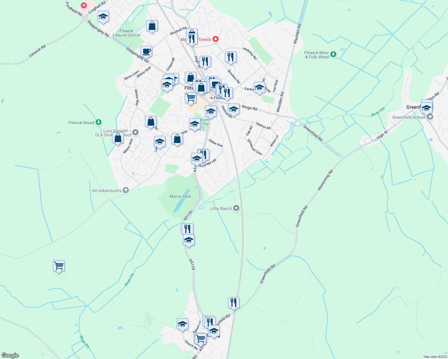 map of restaurants, bars, coffee shops, grocery stores, and more near Townfield Road in Flitwick