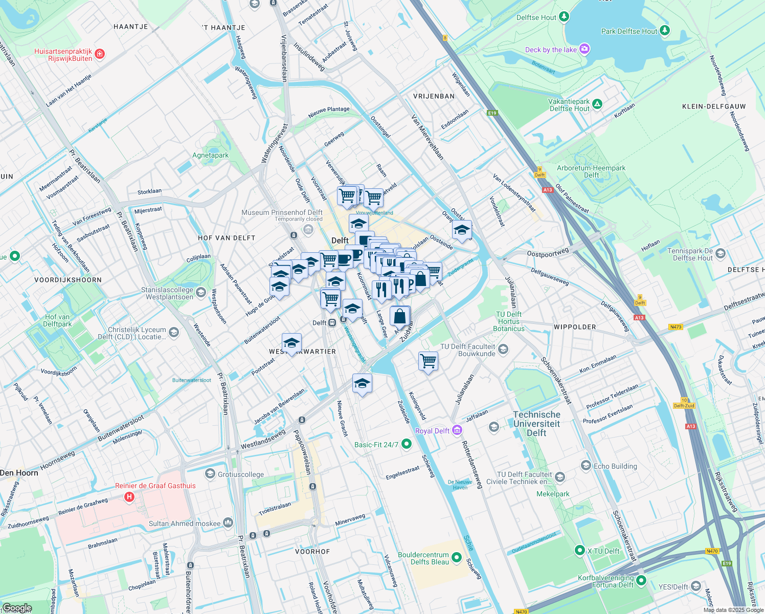 map of restaurants, bars, coffee shops, grocery stores, and more near 8 Breestraat in Delft