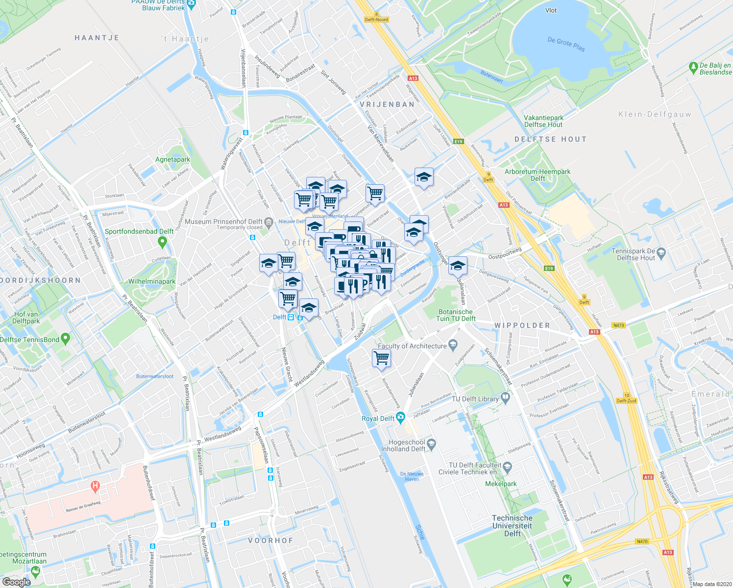map of restaurants, bars, coffee shops, grocery stores, and more near 100 Vesteplein in Delft