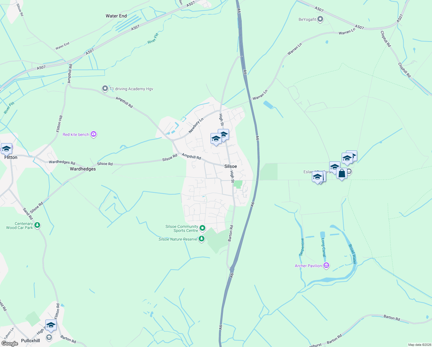 map of restaurants, bars, coffee shops, grocery stores, and more near Vicarage Road in Silsoe