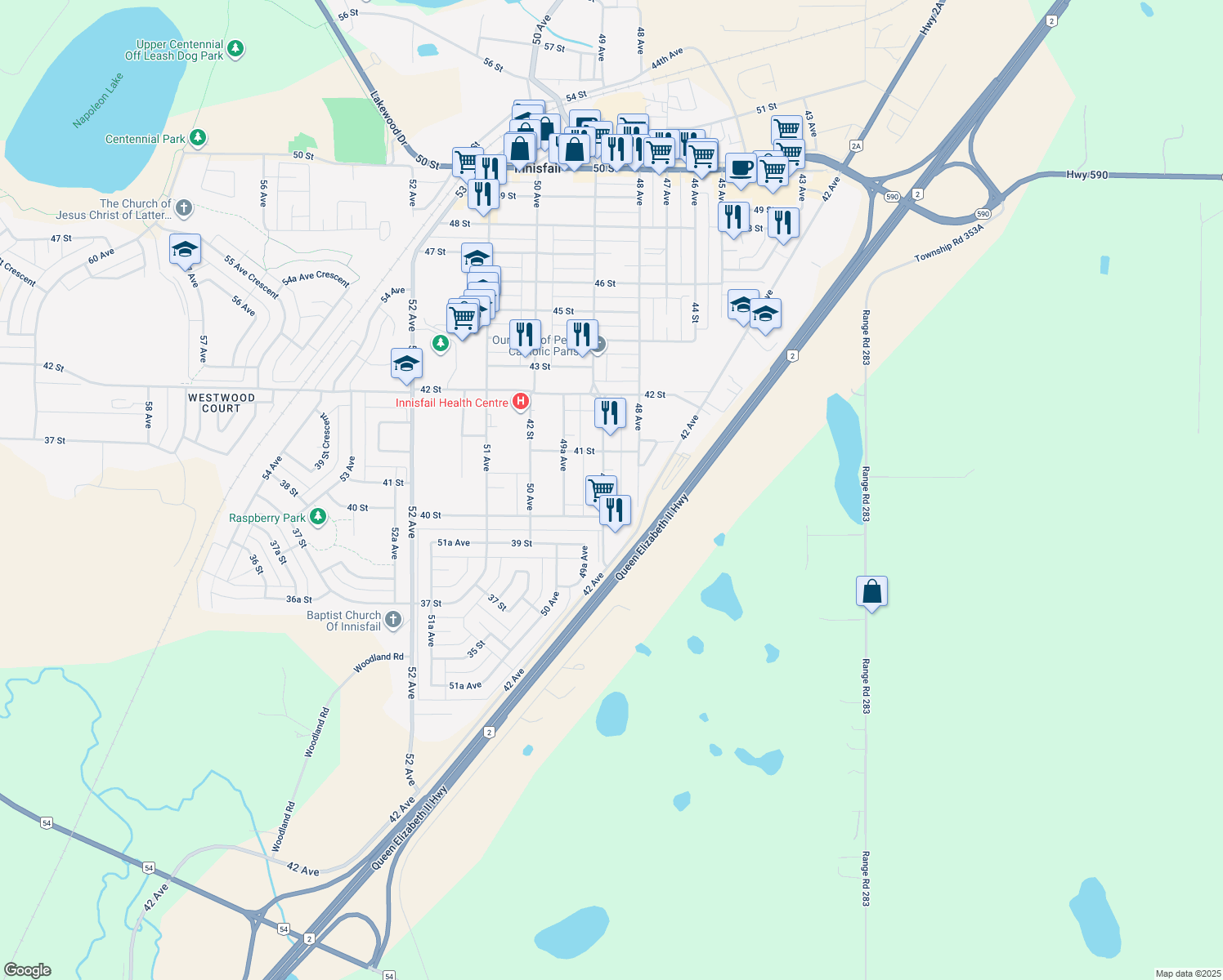 map of restaurants, bars, coffee shops, grocery stores, and more near 4012 49 Avenue in Innisfail