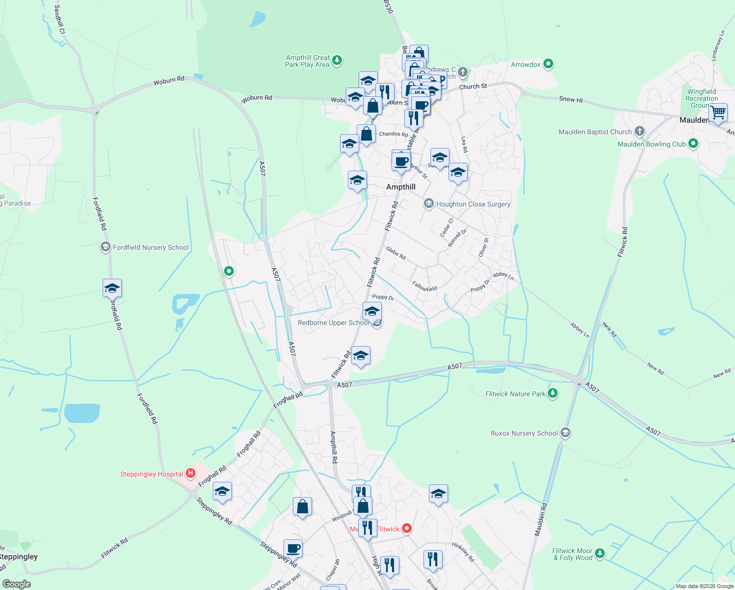 map of restaurants, bars, coffee shops, grocery stores, and more near Flitwick Road in Ampthill