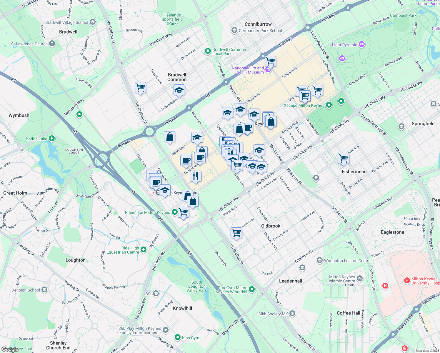 map of restaurants, bars, coffee shops, grocery stores, and more near Avebury Boulevard in Milton Keynes