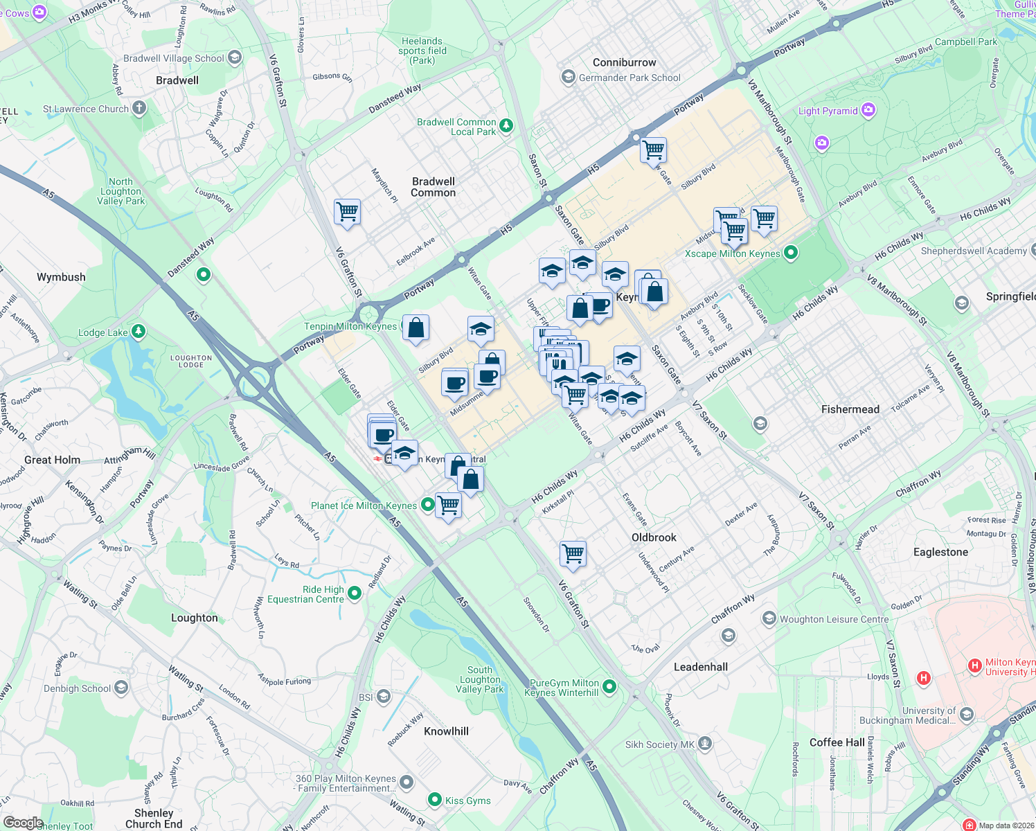 map of restaurants, bars, coffee shops, grocery stores, and more near 201 Avebury Boulevard in Milton Keynes