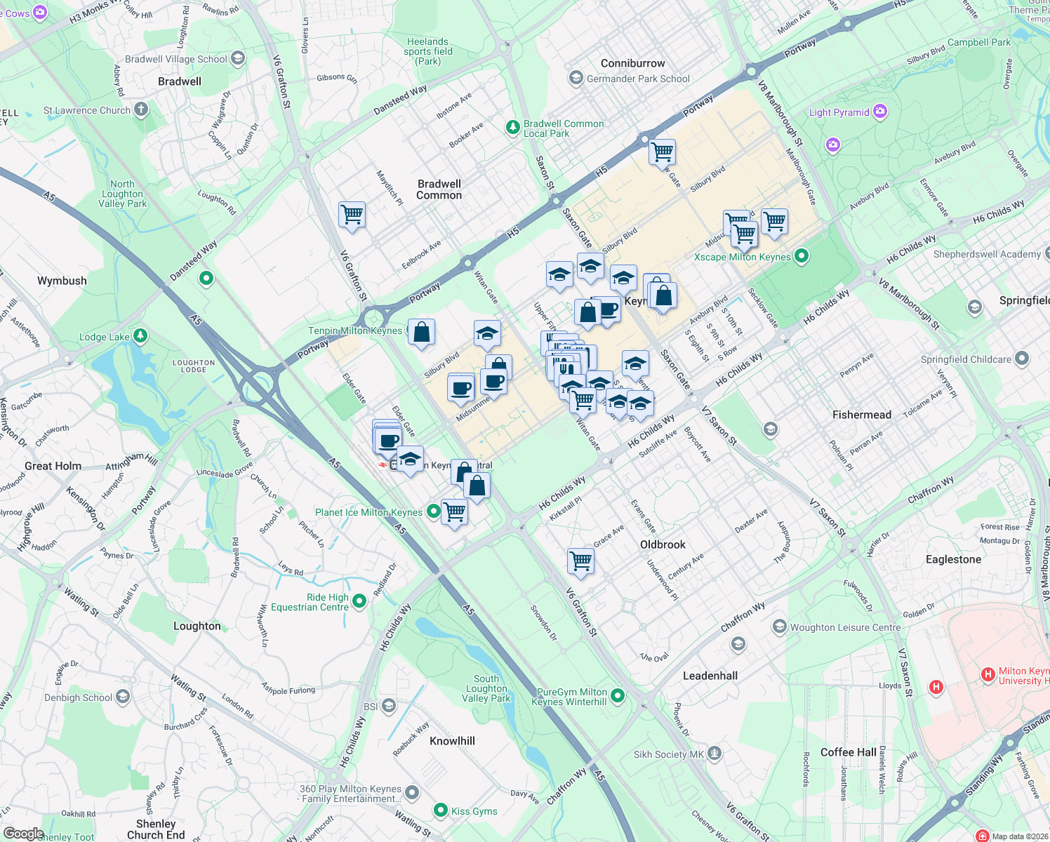 map of restaurants, bars, coffee shops, grocery stores, and more near in Milton Keynes