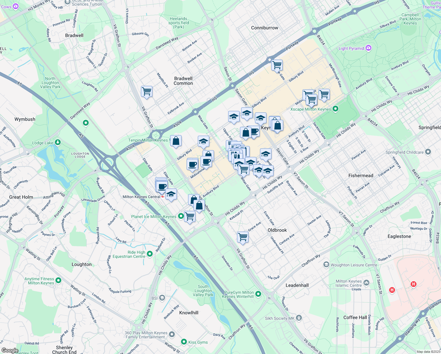 map of restaurants, bars, coffee shops, grocery stores, and more near 201-249 Avebury Boulevard in Milton Keynes