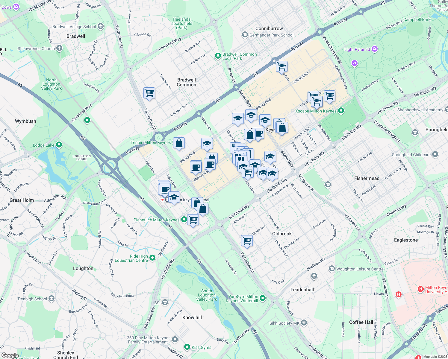 map of restaurants, bars, coffee shops, grocery stores, and more near in Milton Keynes