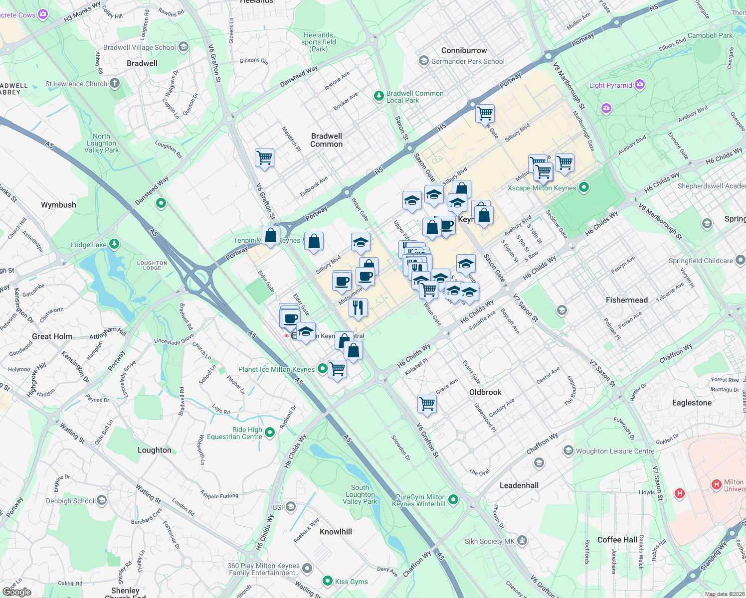 map of restaurants, bars, coffee shops, grocery stores, and more near 201-249 Avebury Boulevard in Milton Keynes