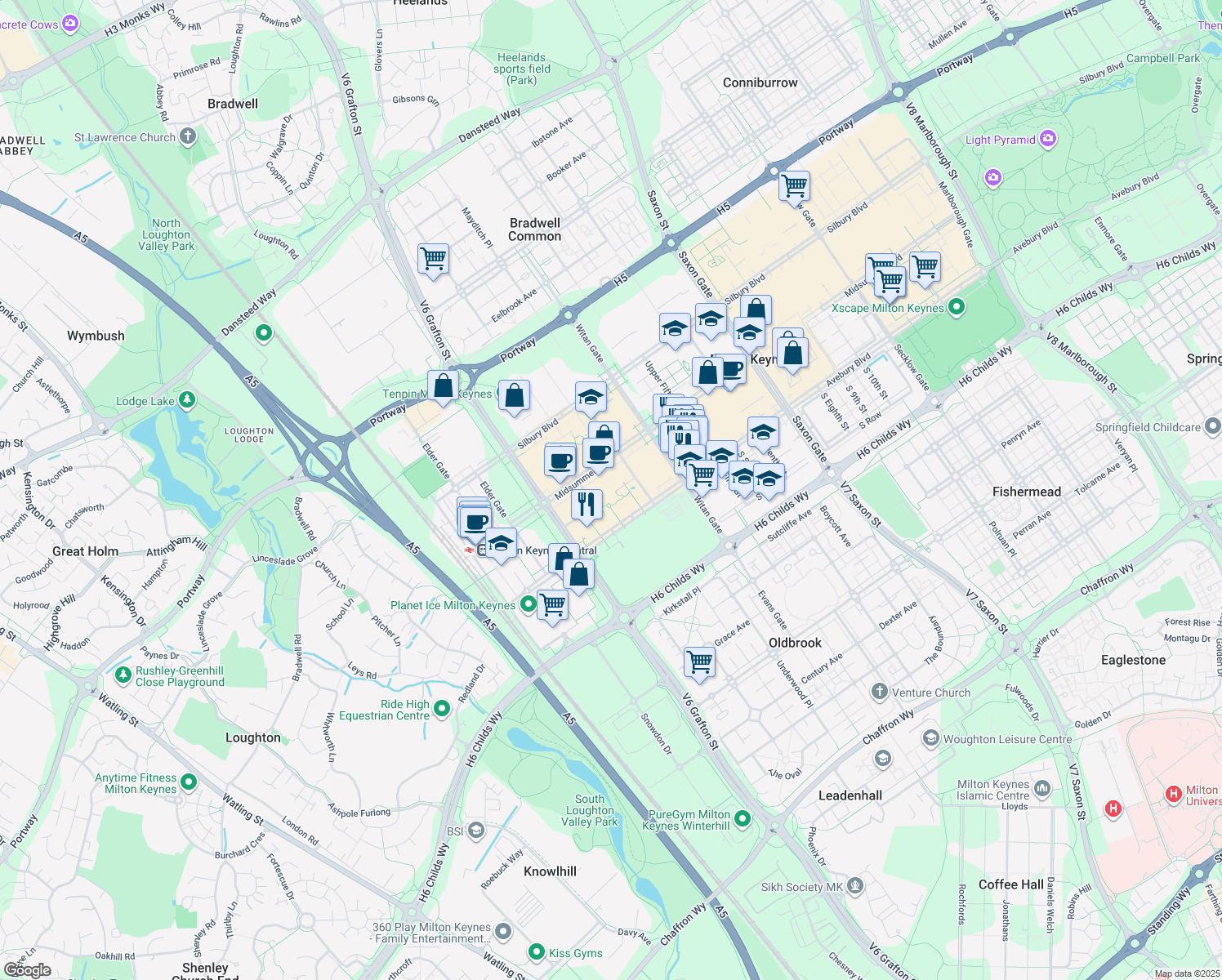 map of restaurants, bars, coffee shops, grocery stores, and more near in Milton Keynes